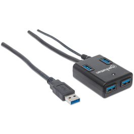 MANHATTAN Hub USB 3.0 Supervelocidad 4 Puertos Tipo-A, 5000 Mbit/s, Negro, Con Adaptador AC para PC/Mac