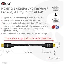 Club3D Cable HDMI 2.0 RedMere 4K60Hz UHD 10m Macho/Macho, 3D 18 Gbit/s para Vídeo y Sonido
