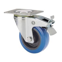 Rueda giratoria de goma con placa, eje de rodillos y freno, color azul, carga máx. 130 kg, ø 12,5 cm Precio: 19.49999942. SKU: B17W5M7HTS