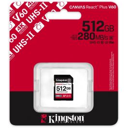 Kingston Tarjeta de Memoria Canvas React Plus 512GB SDXC Clase 10 UHS-II U3 V60 Velocidad Lectura 280MB/s Escritura 150MB/s
