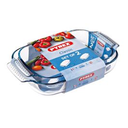 Pyrex Set 2 Fuentes Horno Classic Vidrio Borosilicato Transparente 39x27x8 cm - Resistentes a Rayaduras, Apto Lavavajillas