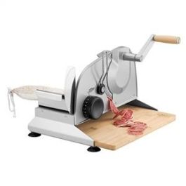 Ritter PIATTO-5 Cortafiambres Manual con Hoja Dentada de 17 cm, Mango de Madera de Haya y Tabla de Bambú FSC - Plateado Metálico