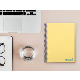 Liderpapel Cuaderno espiral A5 micro wonder tapa plástico 120h 90gr cuadro 5mm 5 bandas 6 taladros color amarillo