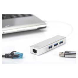 DIGITUS Adaptador USB-Hub 3 Puertos USB 3.0 + 1 Puerto LAN Gigabit Ethernet Plata Blanco