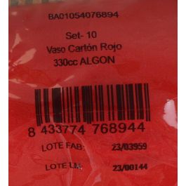 Algon Set 10 Vasos Cartón Rojo 330 cc (20 Unidades)