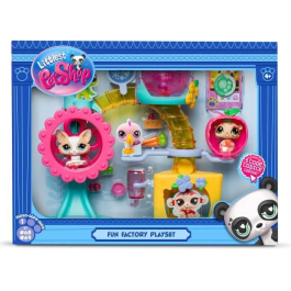 BANDAI Littlest Pet Shop Caja Fun Factory Set de Juego con 2 Animales, Decoración y Accesorios BF00519