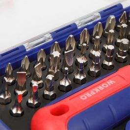 Workpro Destornillador de carraca 38 piezas con puntas planas, Phillips, cuadradas, Pozidrive, Torx y Allen Workpro Destornillador de carraca 38 piezas con puntas planas, Phillips, cuadradas, Pozidrive, Torx y Allen
