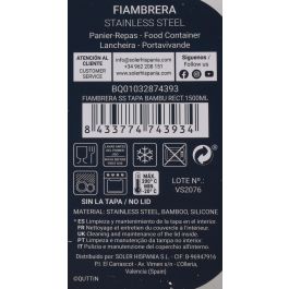 Quttin Fiambrera acero inoxidable con tapa de bambú rectangular 1500 ml - 20.5 cm x 15 cm x 7.7 cm (6 Unidades)
