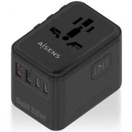 AISENS - ADAPTADOR ENCHUFE UNIVERSAL PARA VIAJE EU/USA/UK/AU CON CARGADOR USB GaN, 2xUSB-A (A1 QC3.0), 3xUSB-C (C1 PD3.0) 35W, NEGRO Precio: 18.49999976. SKU: B14HDH4GSY