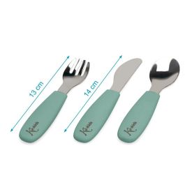 KioKids Set Cubiertos Infantiles Acero Inoxidable Y Silicona Verde Salvia +6 Meses