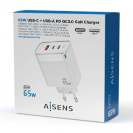 Aisens Cargador GaN 65W, 2xUSB-C PD3.0 QC4.0, 1xUSB-A QC3.0 Blanco para Portátiles y Móviles
