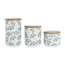 DKD Home Decor Bote de Almacenamiento Decorativo Tropical con Hojas Set de 3 Piezas de Gres y Bambú Verde Blanco 10x10x17 cm