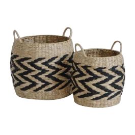 DKD Home Decor Cesta Balines de Fibra Natural Marrón Claro y Negro 30x30x30 cm Set de 2