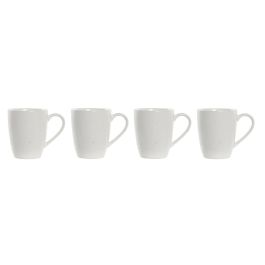 DKD Home Decor Mug Scandi Set de 4 Blanco Natural de Gres y Rubberwood 300ml Apto Microondas Lavavajillas