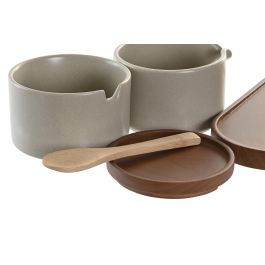 DKD Home Decor Azucarero Moderno Set de 2 con Lechera, Porcelana y Rubberwood, Apto Microondas Lavavajillas, Beige Marrón 18.5 x 7 x 19.5 cm