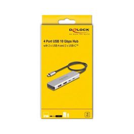 DeLOCK Hub USB-C 4 Puertos 10 Gbps, 2x USB-A y 2x USB-C 3.2 Gen 2, Aluminio Gris, Cable 35 cm (Plug & Play, Windows/Mac/Linux)