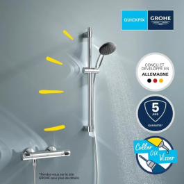 Grohe 34800001 Conjunto de Ducha con Mezclador Termostático, Rociador 1 Chorro, Barra 60cm, Flexo, Ahorro de Agua - Cromo