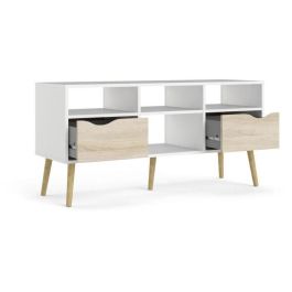 TVILUM 7539149AK Mueble para Televisión con 4 Nichos y 2 Cajones, Acabado Blanco y Roble, 117,2x39,1x57,4 cm