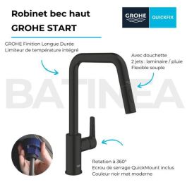 GROHE 306312430 Grifo de Cocina Mezclador Monomando para Fregadero Caño Alto en U Ducha Extraíble Negro Mate Start