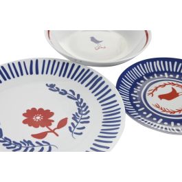 DKD Home Decor Vajilla de Porcelana Mediterráneo Blue Red Bird Set de 18 Piezas Azul Rojo Blanco Apto Microondas y Lavavajillas