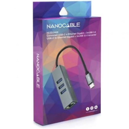 Nano Cable 10.03.0408 Hub USB-C a RJ45 Gigabit y 3xUSB 3.0, Gris