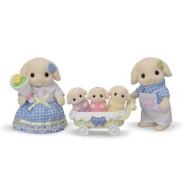 Sylvanian Families 5735 - Familia Conejo Flora: Nolan y Aria con Trillizos, Carrito y Ramo de Flores - Figuras Intercambiables