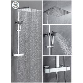 Oceanic Columna de Ducha Mezclador Termostático (38°C), Rociador Cuadrado Extraplano 40x40 cm Acero Inoxidable, Teleducha, Cromo