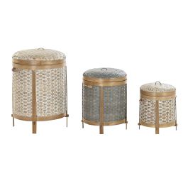 DKD Home Decor Juego de 3 Cestas Estilo Balines de Bambú en Tonos Blanco, Gris y Natural - Medidas 31x31x44 cm