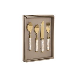 DKD Home Decor Cubertería Moderna de Acero Inoxidable y Nácar Blanco y Dorado, 16 Piezas