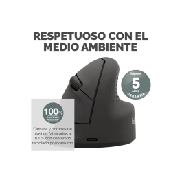 Fellowes Ratón Ergonómico Vertical Inalámbrico Bluetooth con Cable, Óptico 1600 DPI, Diestro, Negro, Hecho de Plástico Reciclado - Certificado FIRA