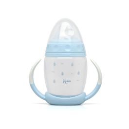 KioKids Taza de Aprendizaje Step 1 Azul +6 Meses con Tetina de Silicona Antiderrame y Sistema Anticólico. Fácil Transición Biberón a Vaso, Asas, Apta Lavavajillas.
