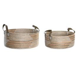 DKD Home Decor Cesta de Almacenamiento Decorativa Tropical de Seagrass y PU en Colores Natural y Amarillo, Pack de 2, Medidas 34x45x27 cm