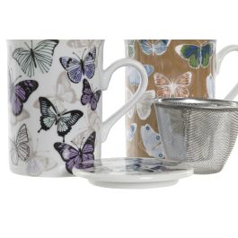 DKD Home Decor Mug para Infusiones Shabby de Porcelana y Acero Inoxidable Multicolor Lila con Mariposas 280ml Apto Microondas y Lavavajillas 11 x 8.5 x 11 cm
