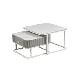 DKD Home Decor Mesa Centro Glam Piedra Sinterizada Metal Blanco 70x70x45 cm Set de 2
