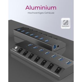 ICY BOX HUB USB 3.0 de 7 puertos con interruptores individuales para cada puerto y fuente de alimentación activa, color gris