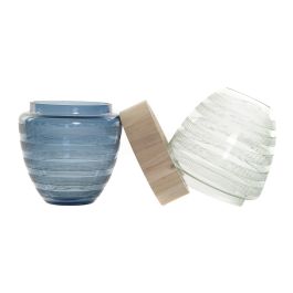 DKD Home Decor Jarrón Moderno de Cristal y Madera, Azul Marino, Marrón y Verde Menta, 21x43x21 cm