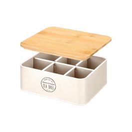 Kinvara Caja de Té 6 Huecos con Tapa de Bambú, Metal Color Crema, 18.5x7.8x16 cm (Set de 12)