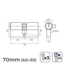 Cilindro 70mm (40+30mm) niquelado, leva larga r15 con 3 llaves de serreta incluidas