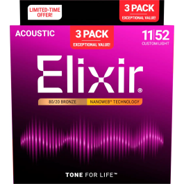 Elixir Pack 3 Juegos Acústica Nanoweb 80/20 Bronze Custom Light 11-52 Cuerdas para Guitarra Precio: 37.6899996. SKU: B164FEJZLQ