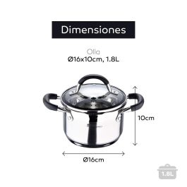 Olla ø16x10cm 1,8l de acero inoxidable con tapa foodies bgmp-1504-bk masterpro