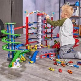Majorette SMO3467452077207 - Garaje Super City 2 niveles, luces y sonidos, incluye 6 vehículos metálicos y 1 tren, 128x78x73 cm