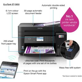 Epson ET-3850 Impresora Multifunción EcoTank 3 en 1, A4, Wi-Fi, ADF, Duplex, Inyección de Tinta, Color, 4800 x 1200 DPI