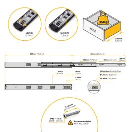 Emuca Lote de 5 juegos de guías para cajones, de bolas, altura 45mm, profundidad 300mm, extracción total, cierre suave, Negro
