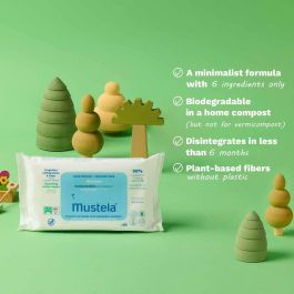 Mustela Bebé-Niño Toallitas al Agua sin Perfume Compostables Piel Sensible, 99% Origen Natural, 60 u