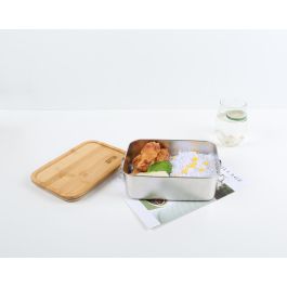 Quttin Fiambrera acero inoxidable con tapa de bambú rectangular 1500 ml - 20.5 cm x 15 cm x 7.7 cm (6 Unidades)