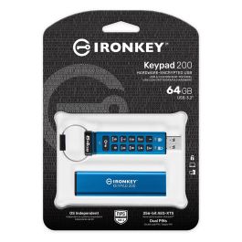 Kingston IronKey Keypad 200 USB 3.2 Gen 1 - Llavero USB seguro de 64 GB, FIPS 140-3, AES-256, IP68, Azul
