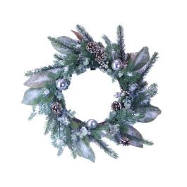 DKD Home Decor Corona de Navidad Alpina Nevado Verde Marrón PVC | 50 cm Diámetro | 10 cm Profundidad
