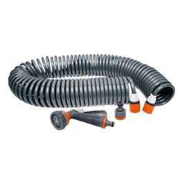 Edm Kit manguera espiral Riega fácil 15m Ø9mm, presión máxima 8 bar, incluye adaptador para grifo y pistola con 7 modos de pulverización