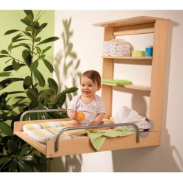 Roba Cambiador Plegable de Pared DSCHUNGELBABY con 2 Estantes Integrados y Colchón de Rayas Multicolor Incluido - Madera Natural