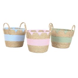 DKD Home Decor Cesta Kids de Seagrass y Algodón Rosa Verde Azul Natural 36 x 37 x 36 cm (3 Unidades)